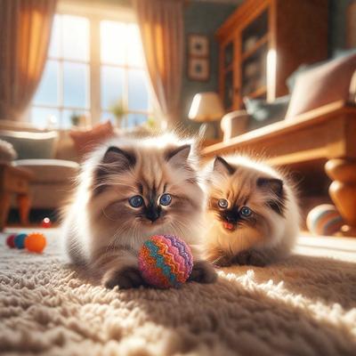 The primary subject of the image is a pair of cats sitting on a carpeted floor. They are both looking at a colorful ball, which is placed in front of them. The setting appears to be a living room, with a couch and a chair visible in the background. The visual style of the image is a combination of photo and digital art, creating a realistic yet artistic representation of the cats and their environment. The colors and mood of the image are warm and inviting, with the cats and the ball being the main focus of the scene.